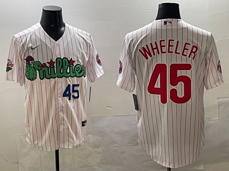 Men Philadelphia Phillies #45 Wheeler White Stripe Three generations Joint Name Game 2025 Nike MLB Jersey style 3